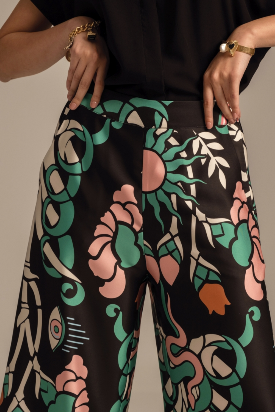 WIDE LEG FEATHER TRIMMED PANTS "MOONFLOWER" MULTICOLOR