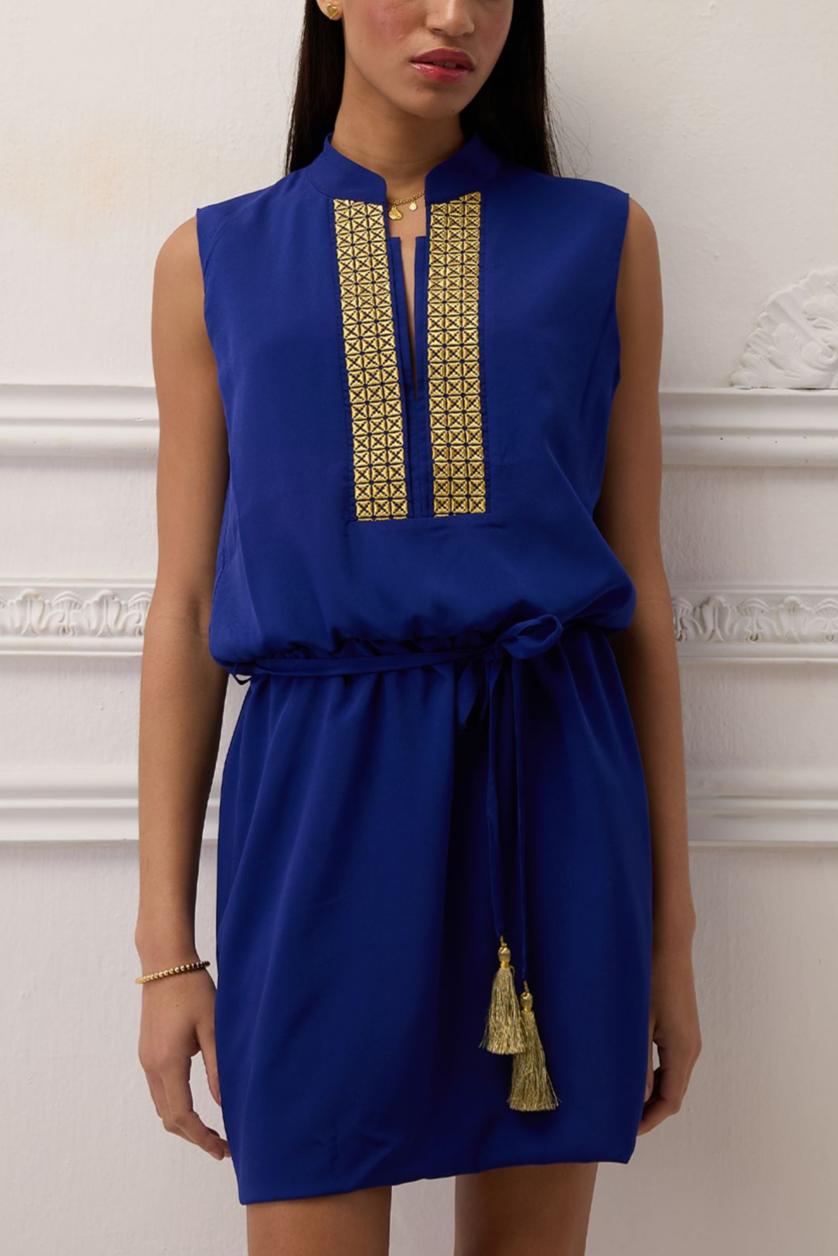SHORT EMBROIDERED SLEEVELESS DRESS "DANAE" BLUE/GOLD