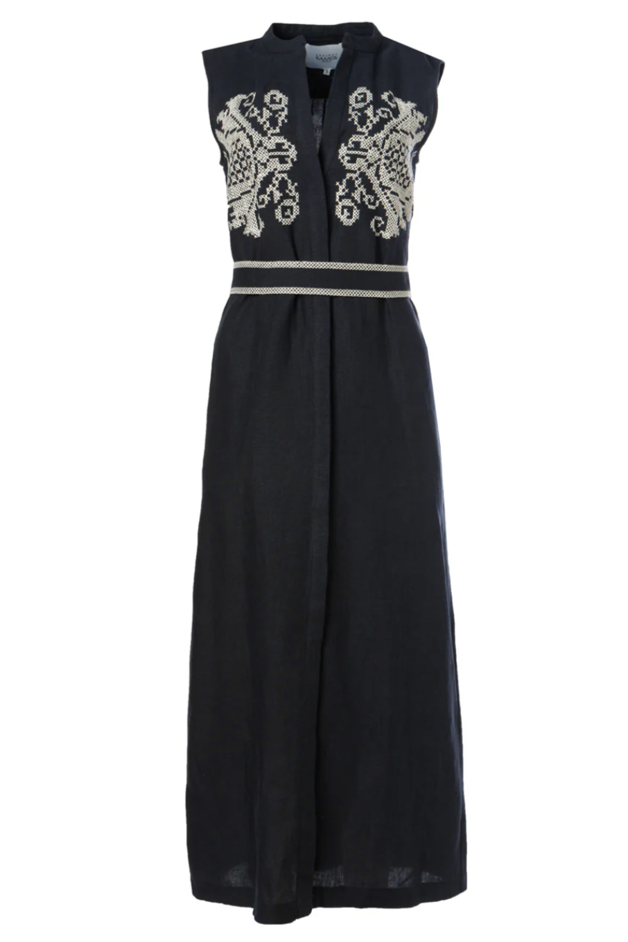 MIDI EMBROIDERED LINEN DRESS "PENELOPE" NAVY BLUE/OFF WHITE