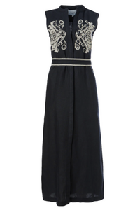 MIDI EMBROIDERED LINEN DRESS "PENELOPE" NAVY BLUE/OFF WHITE