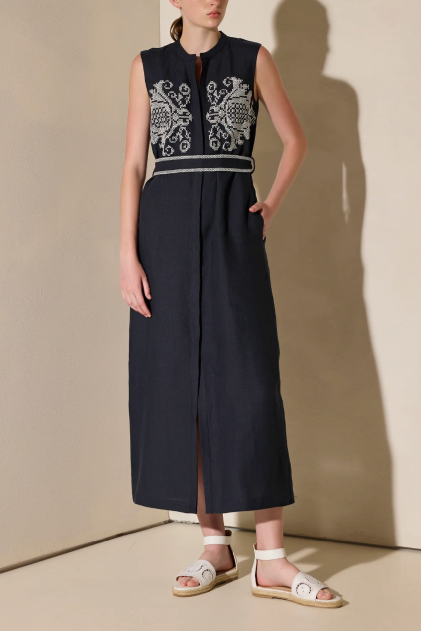 MIDI EMBROIDERED LINEN DRESS "PENELOPE" NAVY BLUE/OFF WHITE