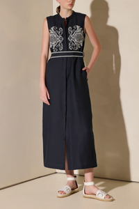 MIDI EMBROIDERED LINEN DRESS "PENELOPE" NAVY BLUE/OFF WHITE