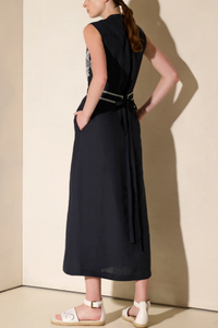 MIDI EMBROIDERED LINEN DRESS "PENELOPE" NAVY BLUE/OFF WHITE