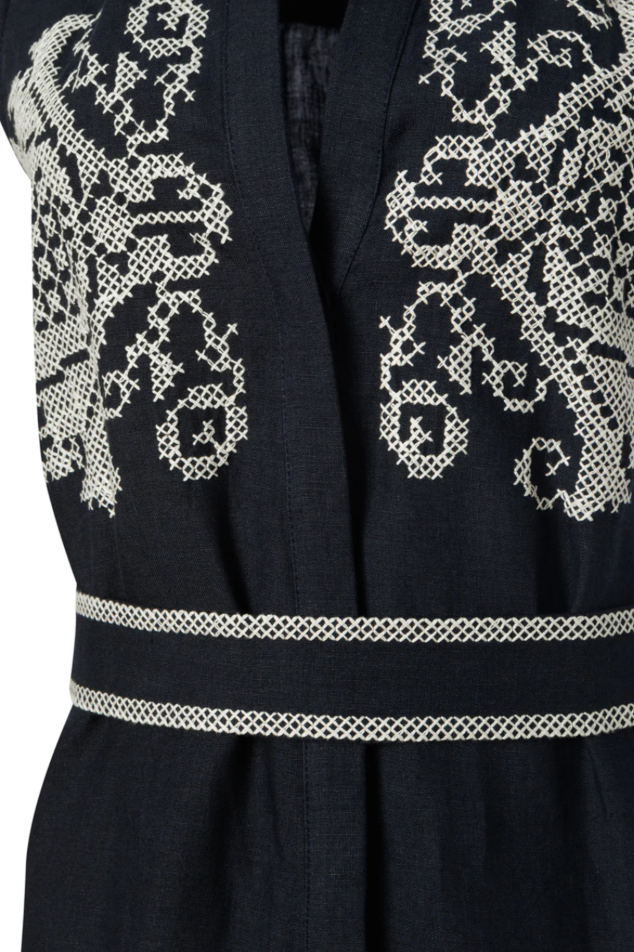 MIDI EMBROIDERED LINEN DRESS "PENELOPE" NAVY BLUE/OFF WHITE