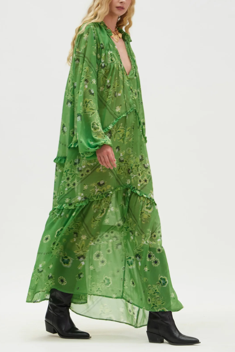 LONG TRANSPARENT CHIFFON DRESS "SUEZ" GREEN