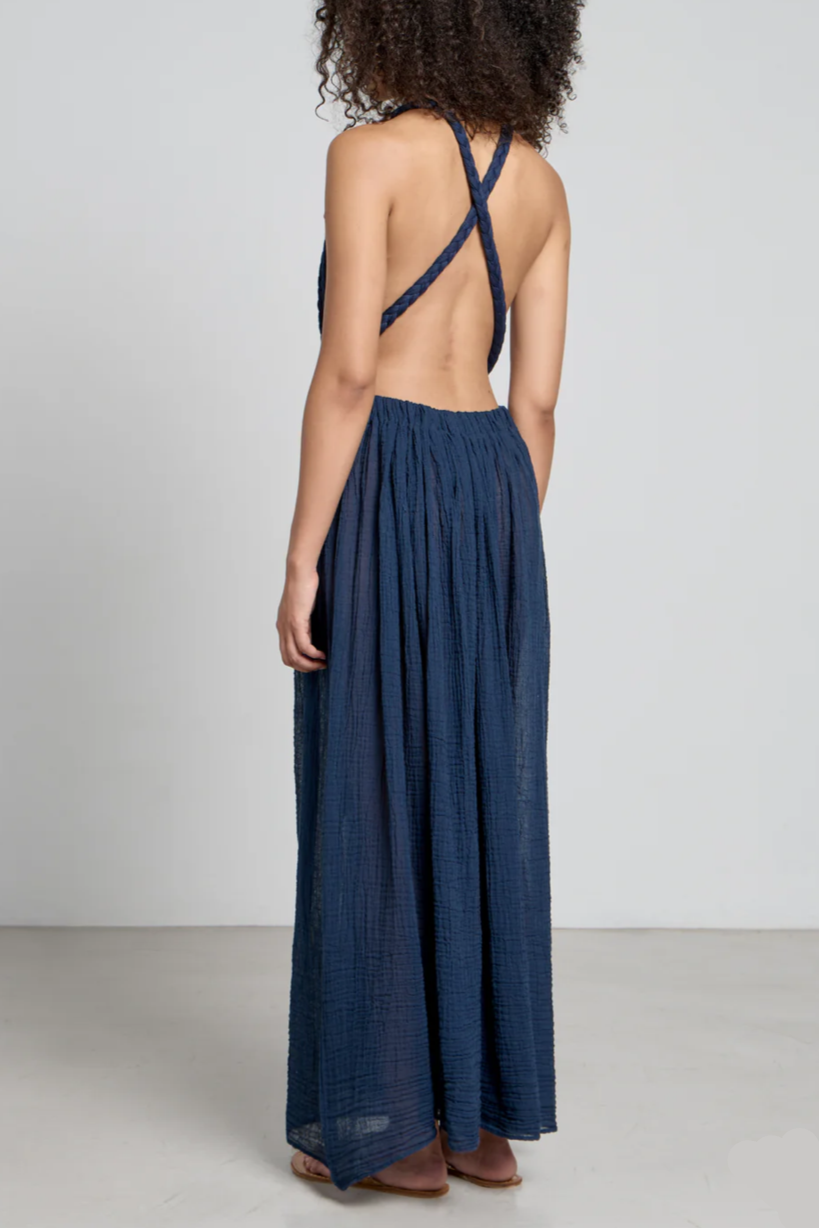 LONG BACKLESS DRESS "CHANTAL" MIDNIGHT BLUE