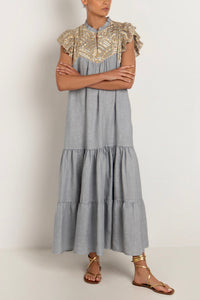 MIDI COTTON DRESS WITH RUFFLES "TRIANGLE" LIGHT GREY/GOLD