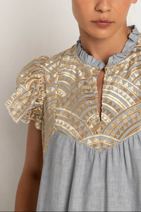 MIDI COTTON DRESS WITH RUFFLES "TRIANGLE" LIGHT GREY/GOLD