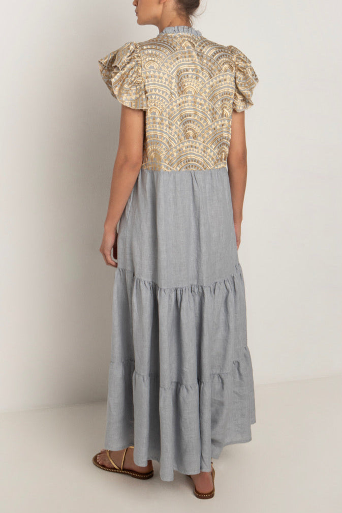 MIDI COTTON DRESS WITH RUFFLES "TRIANGLE" LIGHT GREY/GOLD