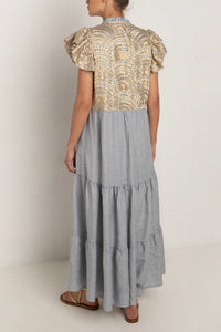 MIDI COTTON DRESS WITH RUFFLES "TRIANGLE" LIGHT GREY/GOLD
