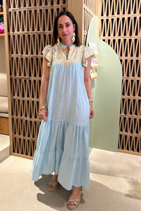 MIDI DRESS WITH RUFFLES "TRIANGLE" CIEL/GOLD