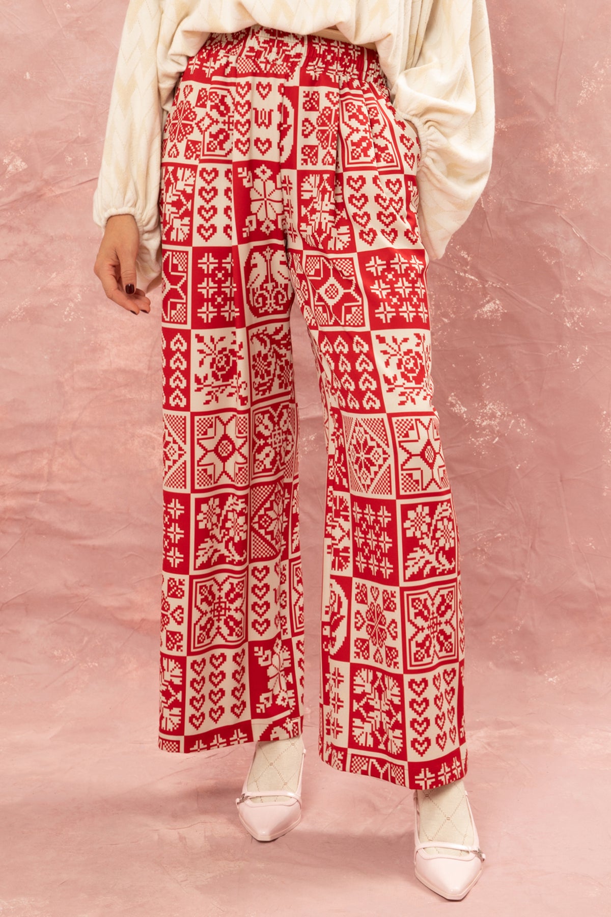 PRINTED WIDE LEG PANTS "KOUVERTA” RED/OFF WHITE