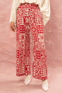 PRINTED WIDE LEG PANTS "KOUVERTA” RED/OFF WHITE