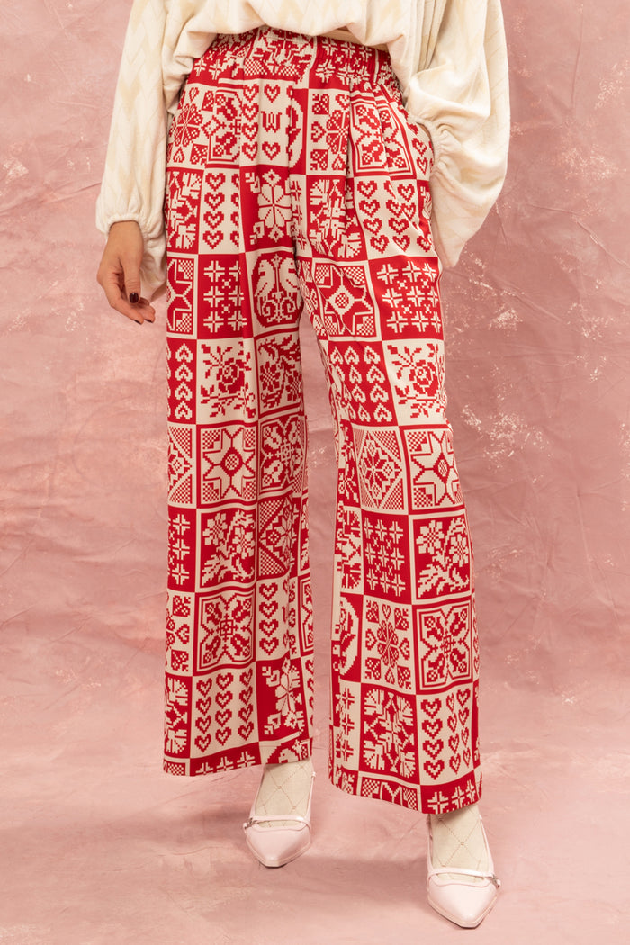PRINTED WIDE LEG PANTS "KOUVERTA” RED/OFF WHITE