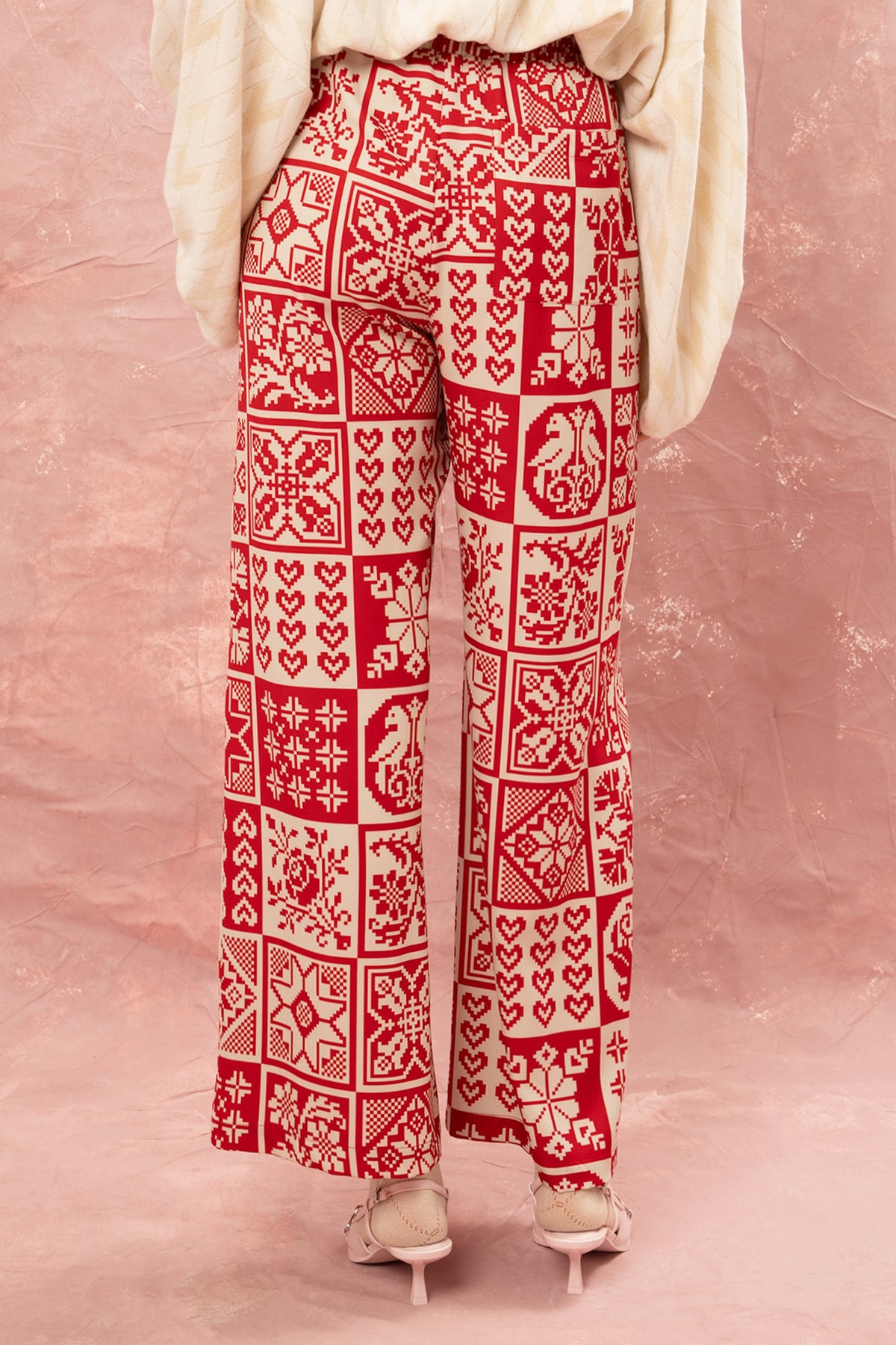 PRINTED WIDE LEG PANTS "KOUVERTA” RED/OFF WHITE