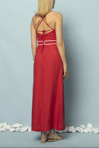 LONG EMBROIDERED LINEN DRESS "MELITA" RED