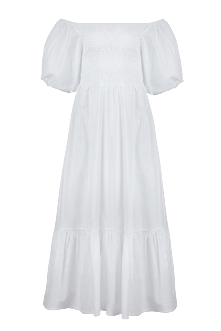 SMOCKED OFF-SHOULDER MIDI DRESS "OPHELIA" WHITE