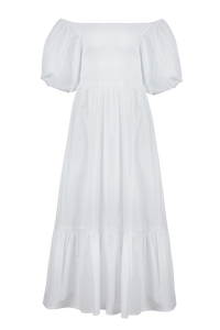 SMOCKED OFF-SHOULDER MIDI DRESS "OPHELIA" WHITE