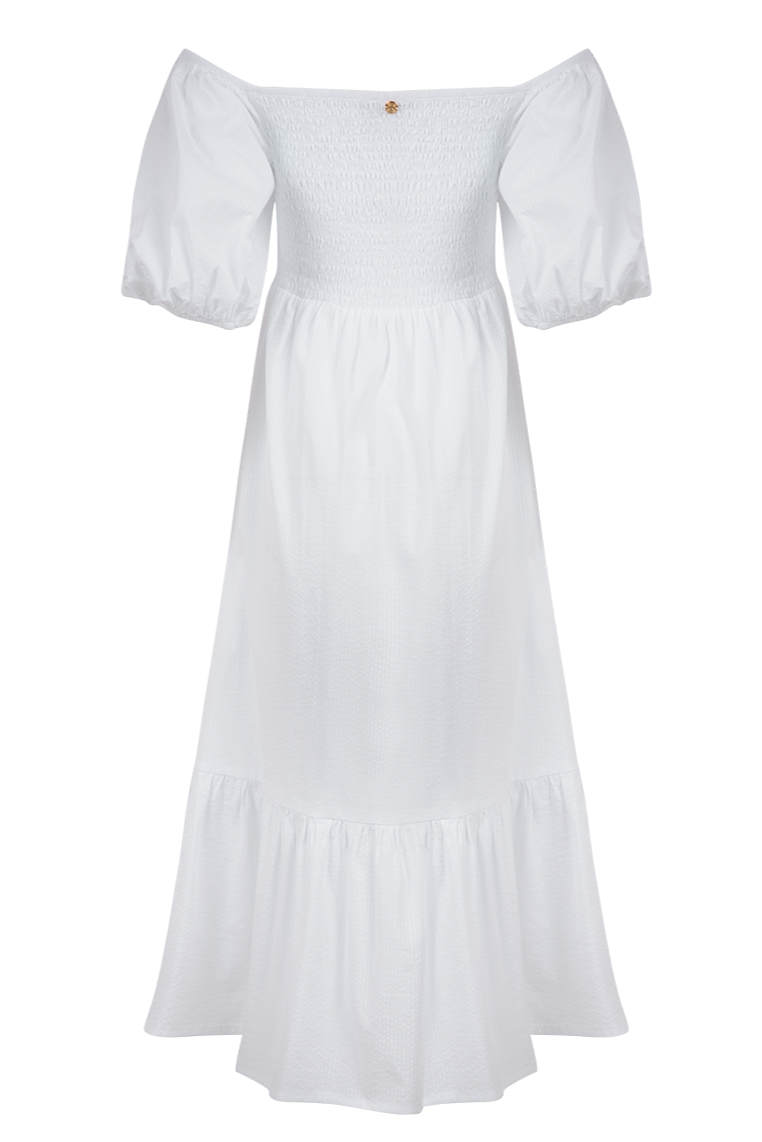 SMOCKED OFF-SHOULDER MIDI DRESS "OPHELIA" WHITE