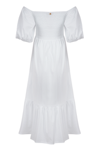 SMOCKED OFF-SHOULDER MIDI DRESS "OPHELIA" WHITE