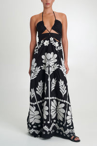 LONG EMBROIDERED DRESS WITH CUTOUTS "NAXOS" BLACK
