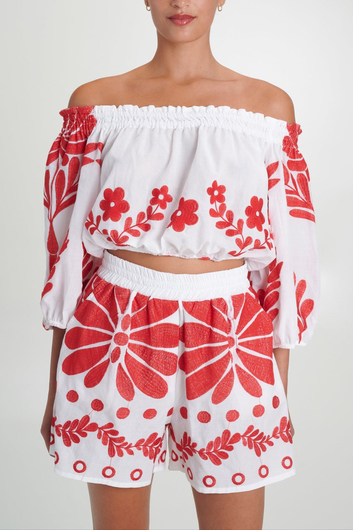EMBROIDERED SET "ALONNISOS" CORAL WHITE/RED