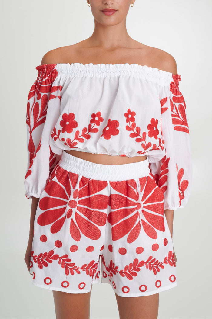 EMBROIDERED SET "ALONNISOS" CORAL WHITE/RED