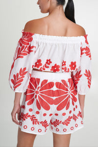 EMBROIDERED SET "ALONNISOS" CORAL WHITE/RED