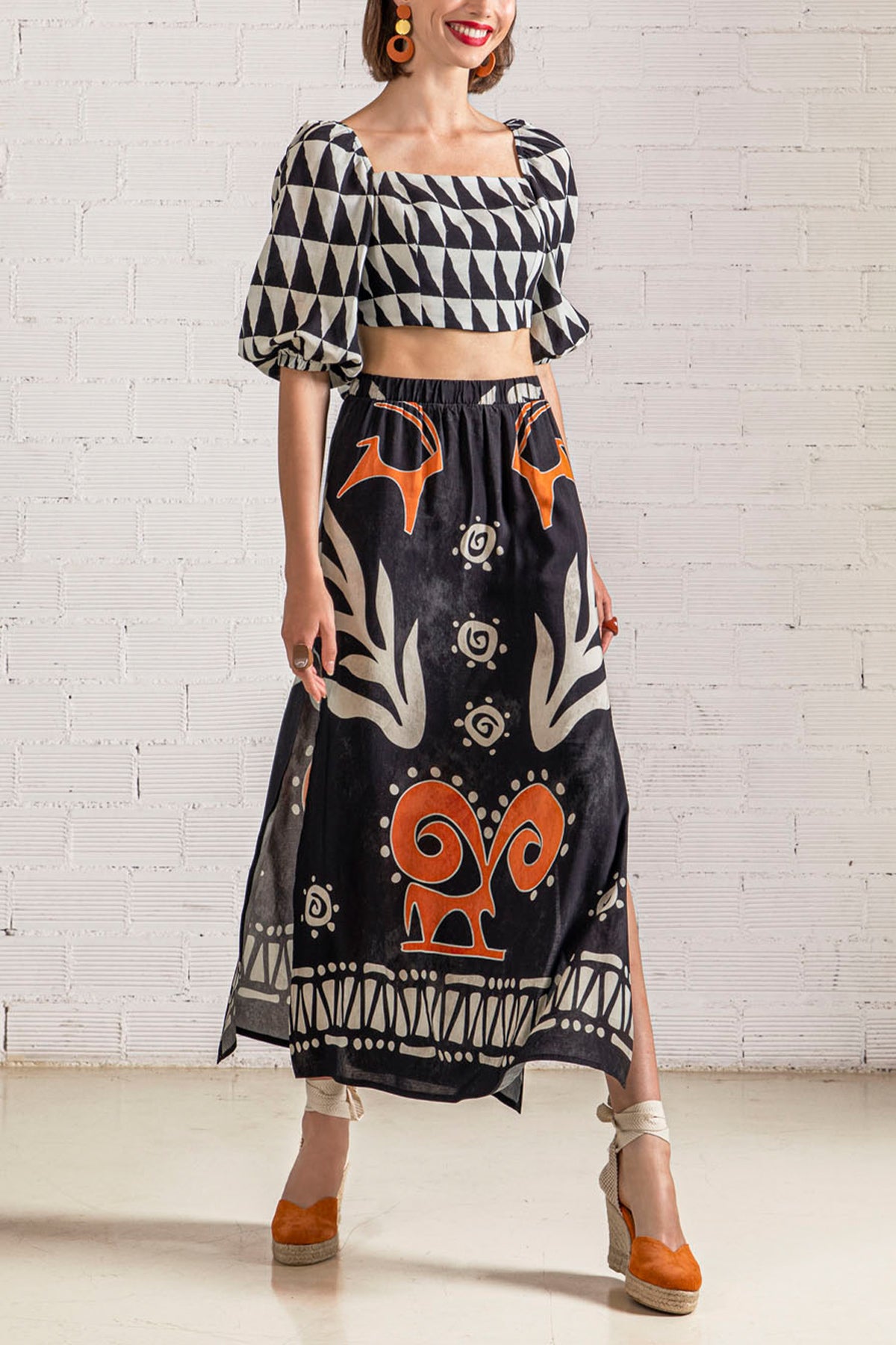 MAXI SKIRT "SYKIA" BLACK/ECRU/COGNAC