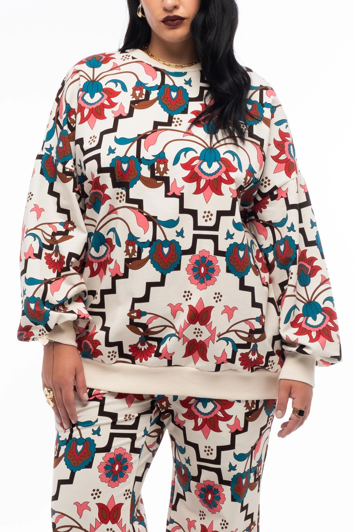 OVERSIZED COTTON SWEATER WITH FLOWER PRINT ECRU/MULTI