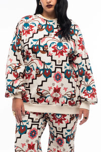 OVERSIZED COTTON SWEATER WITH FLOWER PRINT ECRU/MULTI
