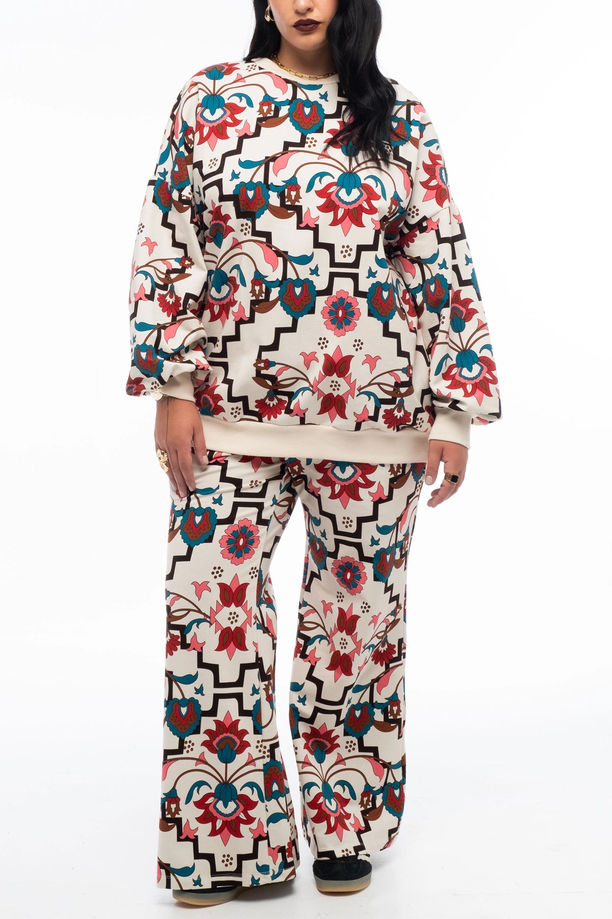 COTTON SWEATER PANTS WITH FLOWER PRINT ECRU/MULTI