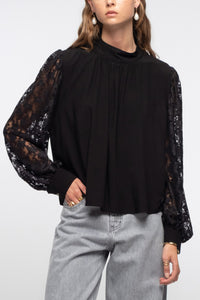 OVERSIZED RAYON BLOUSE WITH LACE SLEEVES BLACK