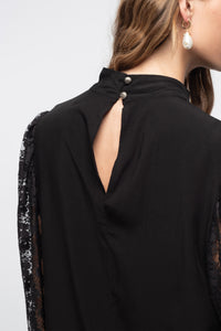 OVERSIZED RAYON BLOUSE WITH LACE SLEEVES BLACK