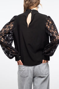 OVERSIZED RAYON BLOUSE WITH LACE SLEEVES BLACK