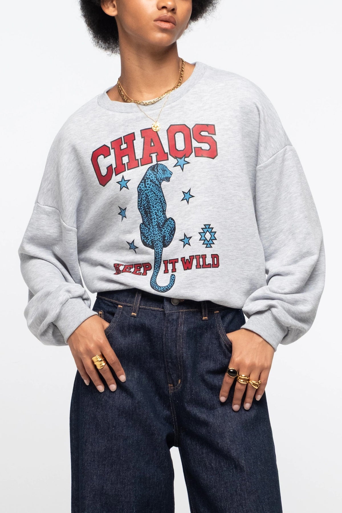 COTTON SWEATER WITH TIGER PRINT GREY MELANGE