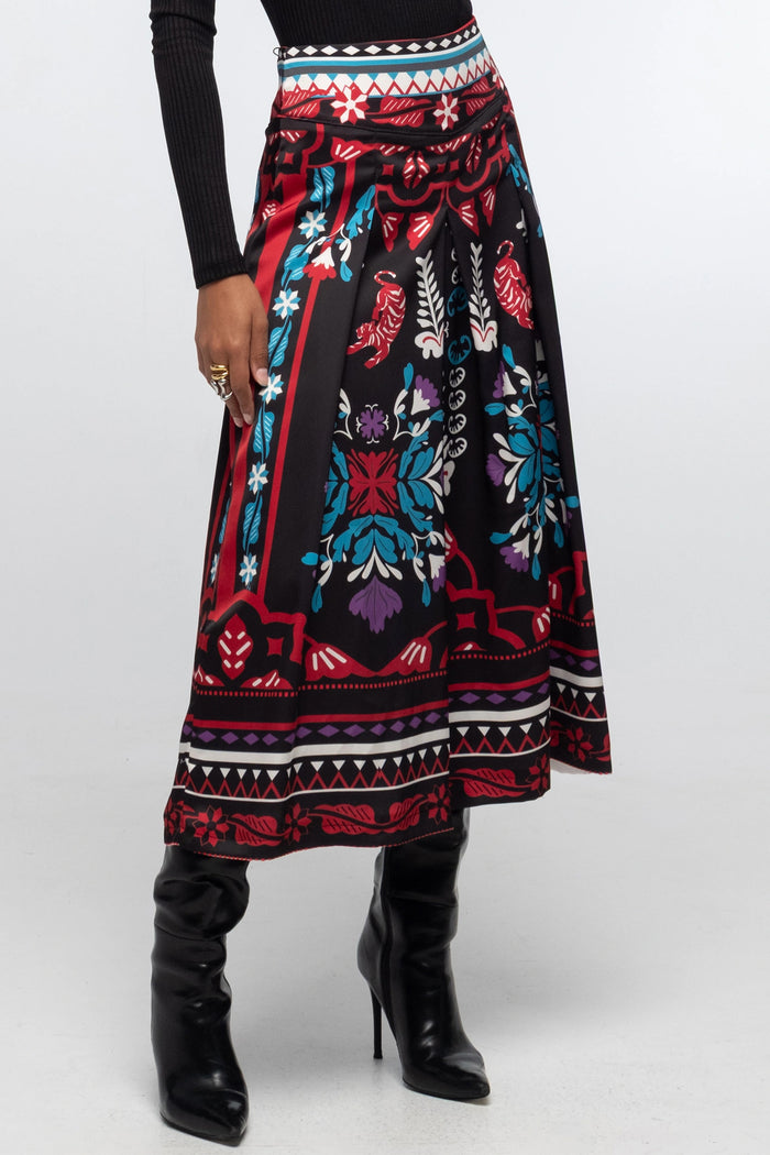 MIDI SKIRT WITH PLACEMENT PRINT BLACK/MULTICOLOR