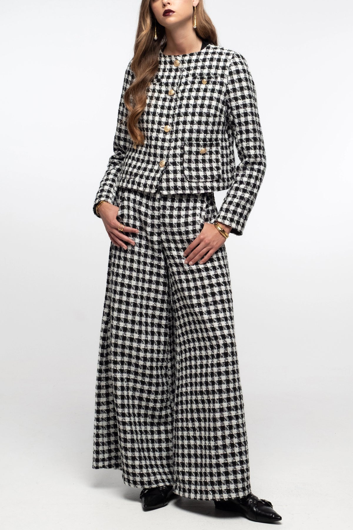 WIDE LEG TWEED PANTS WITH LUREX BLACK/WHITE