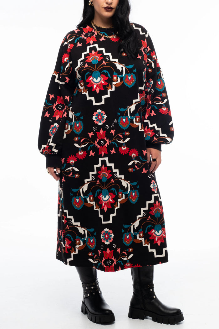 MIDI COTTON SWEATER DRESS WITH FLOWER PRINT BLACK/MULTI