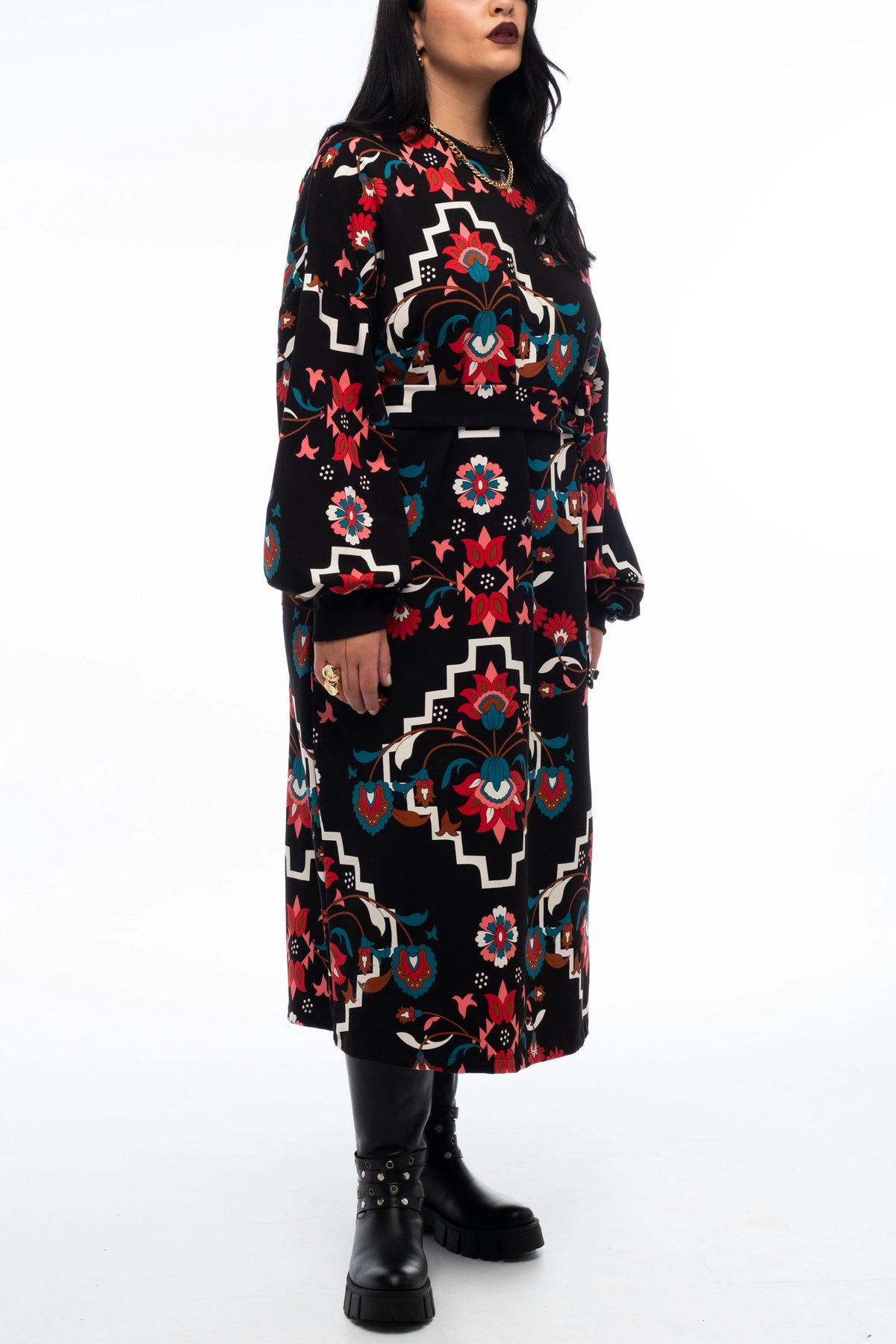 MIDI COTTON SWEATER DRESS WITH FLOWER PRINT BLACK/MULTI