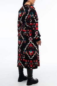 MIDI COTTON SWEATER DRESS WITH FLOWER PRINT BLACK/MULTI