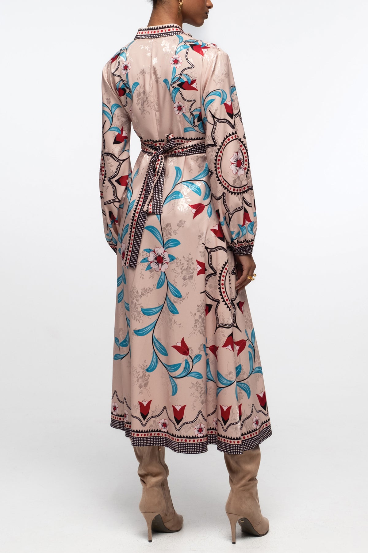 SATIN JACQUARD MIDI PLACEMENT DRESS MULTICOLOR