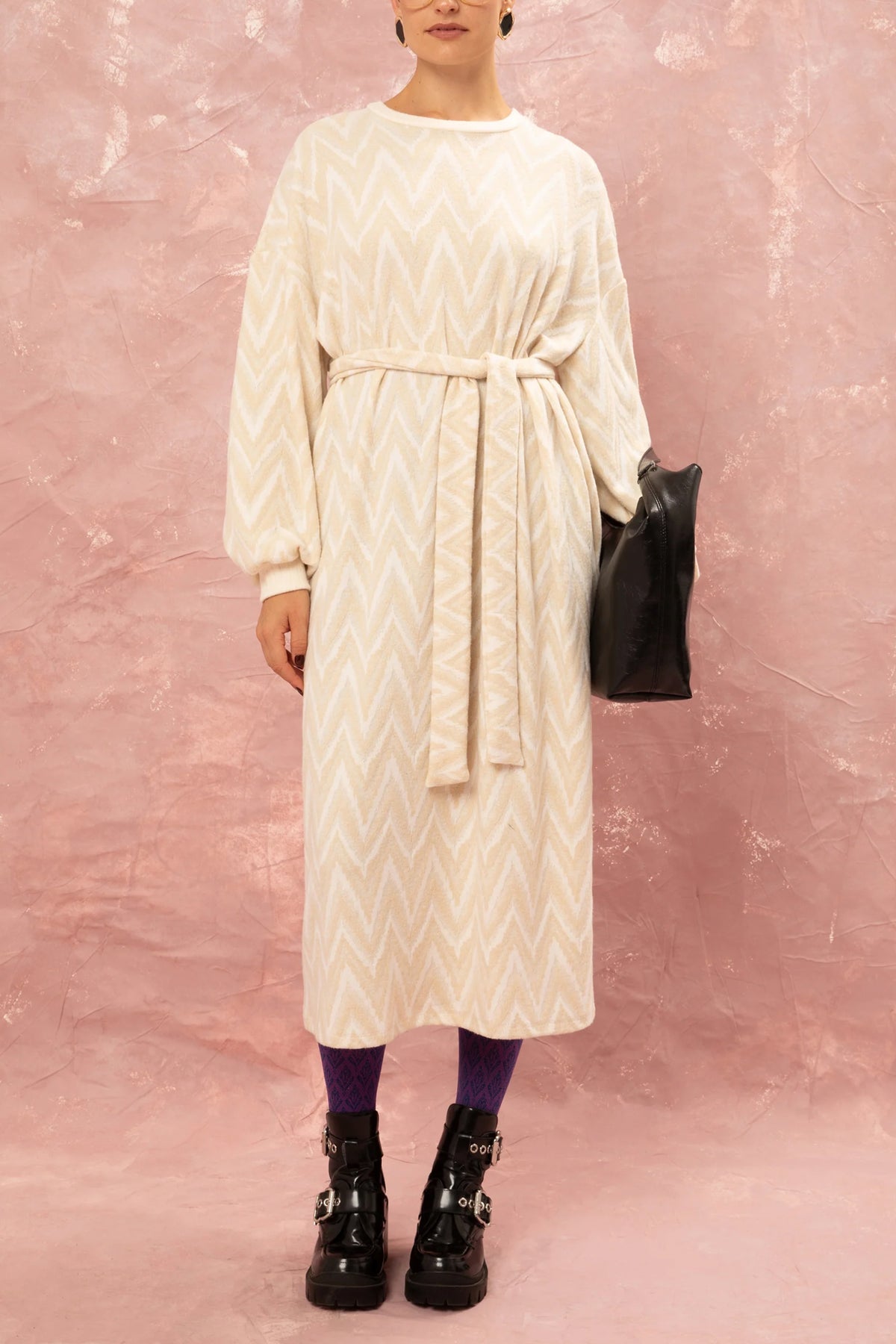 COZY OVERSIZED KNIT DRESS BEIGE/OFF WHITE