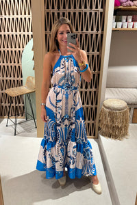 SILKY NECKHOLDER DRESS "DAMASK" WHITE/BLUE