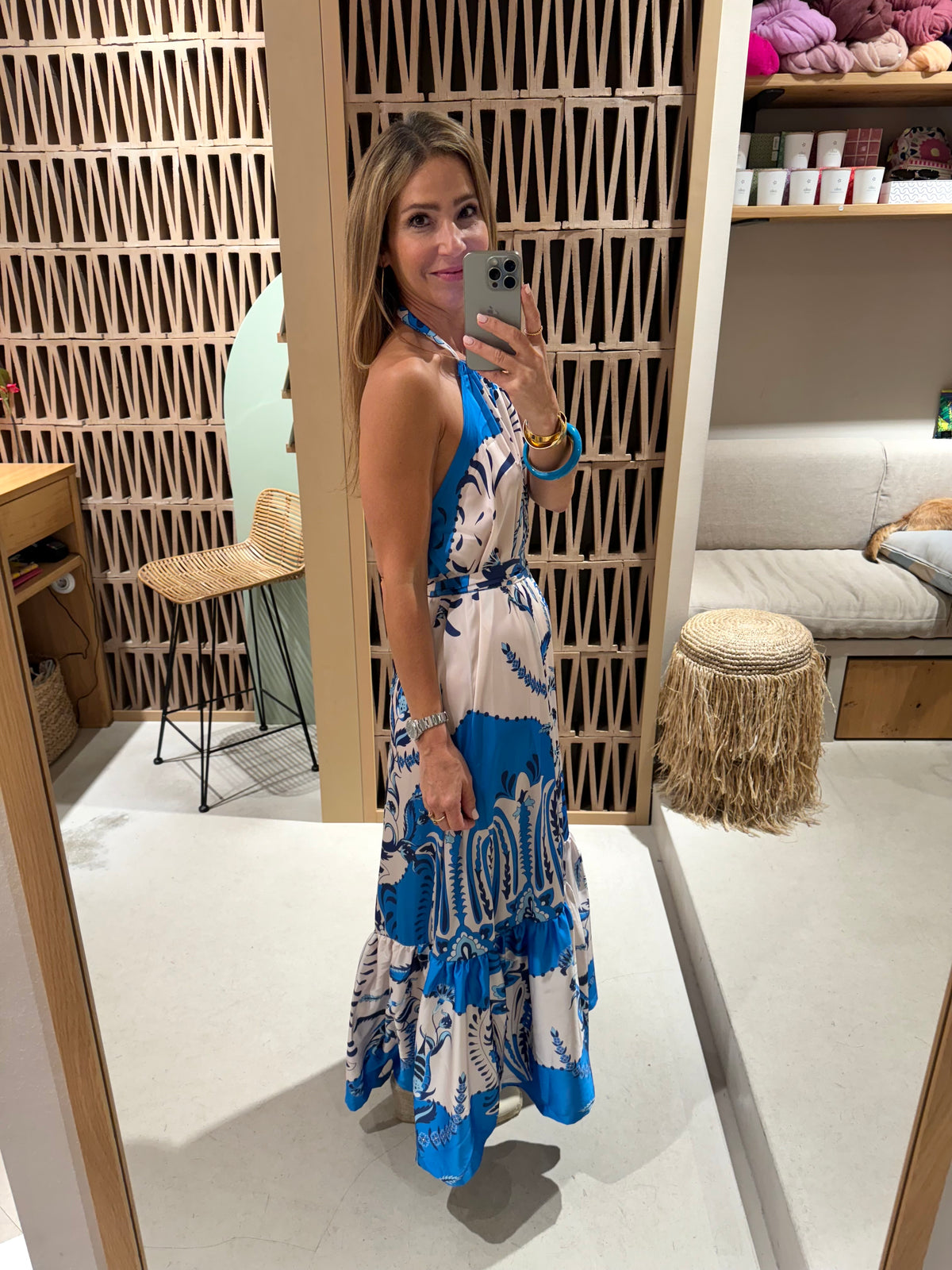 SILKY NECKHOLDER DRESS "DAMASK" WHITE/BLUE