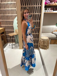 SILKY NECKHOLDER DRESS "DAMASK" WHITE/BLUE