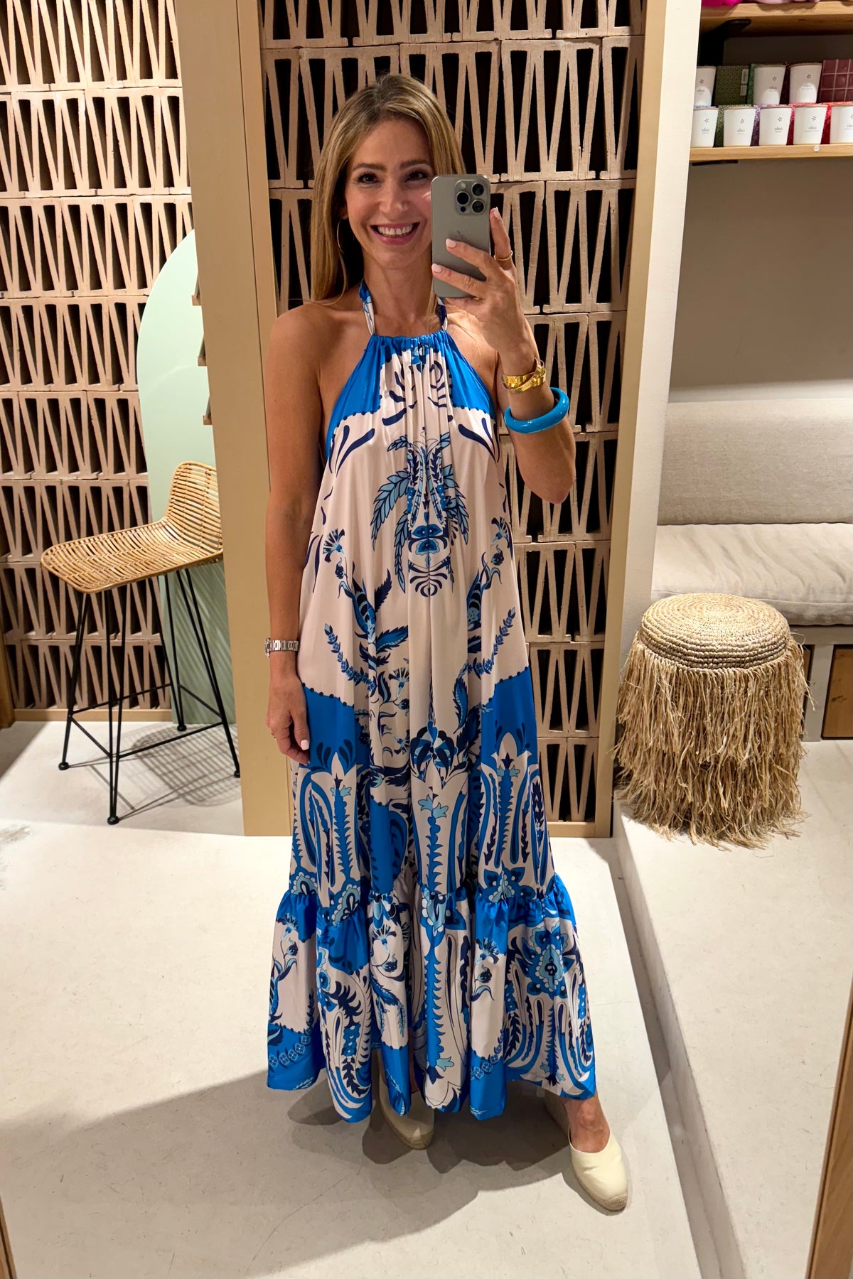 SILKY NECKHOLDER DRESS "DAMASK" WHITE/BLUE