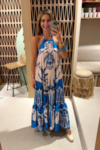 SILKY NECKHOLDER DRESS "DAMASK" WHITE/BLUE