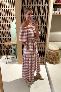 MIDI OFF SHOULDER DRESS "PSARA" WHITE/WINE RED