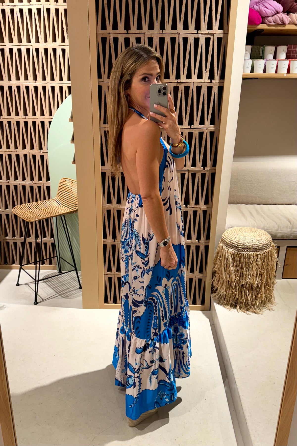 SILKY NECKHOLDER DRESS "DAMASK" WHITE/BLUE